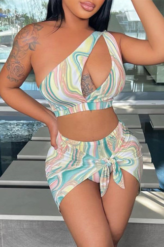 Baby Blue Fashion Sexy Print Hollowed Out Backless Swimwears