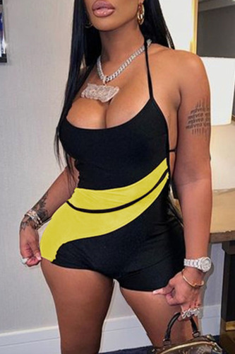 Yellow Sexy Solid Patchwork See-through Backless Halter Regular Rompers