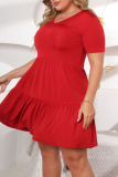Red Casual Solid Patchwork O Neck A Line Plus Size Dresses