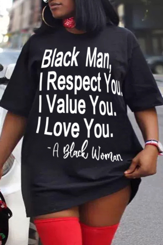 Black Fashion Casual Plus Size Letter Print Basic O Neck Short Sleeve Dress