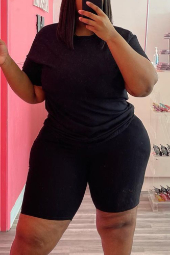 Black Fashion Casual Solid Basic O Neck Plus Size Two Pieces