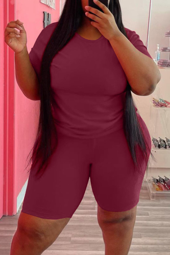 Burgundy Fashion Casual Solid Basic O Neck Plus Size Two Pieces