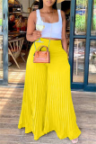 Yellow Fashion Casual Solid Fold Regular High Waist Wide Leg Trousers