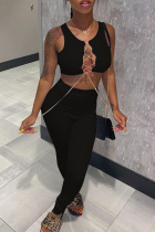 Black Sexy Casual Solid Vests Pants O Neck Sleeveless Two Pieces