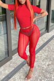 Rose Red Sexy Solid Patchwork See-through O Neck Short Sleeve Two Pieces