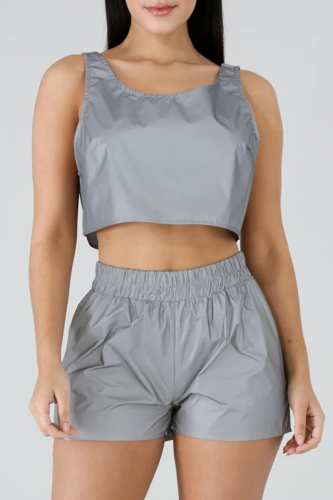 Silver Casual Solid Patchwork Square Collar Sleeveless Two Pieces