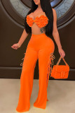 Orange Sexy Solid Hollowed Out Patchwork Frenulum Halter Sleeveless Two Pieces