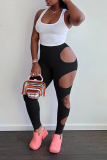 Black Sexy Solid Hollowed Out Skinny High Waist Pencil Solid Color Bottoms