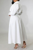 White Casual Solid Patchwork Buckle Turndown Collar Shirt Dress Dresses