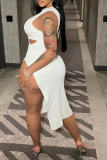 White Sexy Solid Hollowed Out One Shoulder Pencil Skirt Dresses