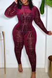 Burgundy Sexy Print Patchwork O Neck Plus Size Jumpsuits