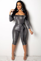 Silver Drawstring Long Sleeve Mid Solid Skinny Capris Jumpsuits & Rompers
