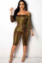 Gold Drawstring Long Sleeve Mid Solid Skinny Capris Jumpsuits & Rompers