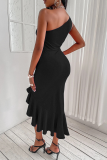 Black Sexy Solid Flounce One Shoulder Irregular Dress Dresses