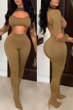 Camel Fashion Sexy Solid Hollowed Out O Neck Skinny Jumpsuits