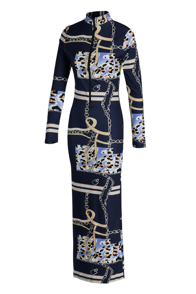 Wholesale Deep Blue Sexy Casual Print Basic Zipper Collar Long Sleeve Dresses K32025 1 Online