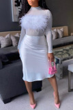 White Elegant Solid Patchwork Straight High Waist Straight Solid Color Bottoms