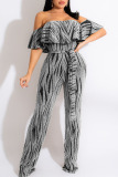 Burgundy Casual Print Patchwork Flounce Off the Shoulder Straight Jumpsuits