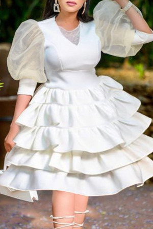 White Celebrities Solid Split Joint V Neck Cake Skirt Dresses