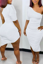 White Sexy Solid Split Joint Fold Asymmetrical Oblique Collar Irregular Dress Dresses