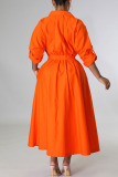 Orange Casual Solid Patchwork Buckle Turndown Collar Shirt Dress Dresses