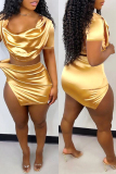 Gold Fashion Sexy Solid Patchwork Slit Short Sleeve Two Pieces