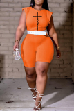 Orange Fashion Casual Print Basic O Neck Skinny Romper (Without Belt)