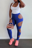 Blue Sexy Solid Hollowed Out Skinny High Waist Pencil Solid Color Bottoms