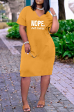 Yellow Fashion Casual Letter Print Basic V Neck Short Sleeve Dress