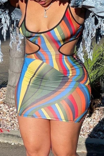Colour Fashion Sexy Print Hollowed Out Backless Spaghetti Strap Sleeveless Dress