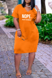 Orange Fashion Casual Letter Print Basic V Neck Short Sleeve Dress