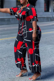 Black Fashion Casual Print Basic V Neck Regular Jumpsuits