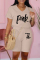 Beige Fashion Casual Letter Print Basic V Neck Short Sleeve Two Pieces