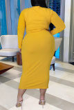 Yellow Sexy Casual Solid Bandage V Neck Plus Size Two Pieces