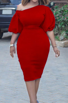 Red Casual Elegant Solid Split Joint Fold Asymmetrical Collar One Step Skirt Dresses