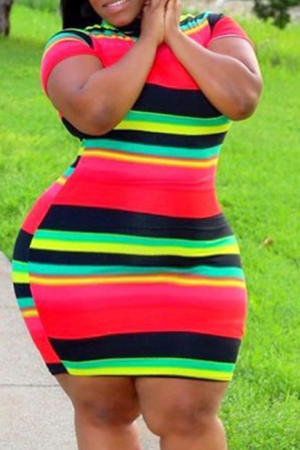 Red Arylic Fashion Sexy adult Ma'am O Neck Striped Stitching Plus Size 