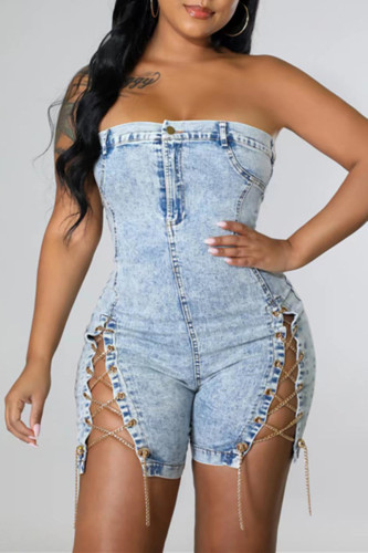 Light Blue Fashion Sexy Solid Chains Backless Strapless Skinny Romper