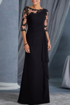 Black Elegant Solid Split Joint See-through O Neck Evening Dress Dresses