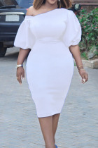 White Casual Elegant Solid Split Joint Fold Asymmetrical Collar One Step Skirt Dresses