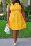 Yellow Fashion Casual Plus Size Dot Print With Bow O Neck Sleeveless Dress