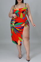 Red Fashion Sexy Print Backless Spaghetti Strap Plus Size Swimwear (Without Paddings)