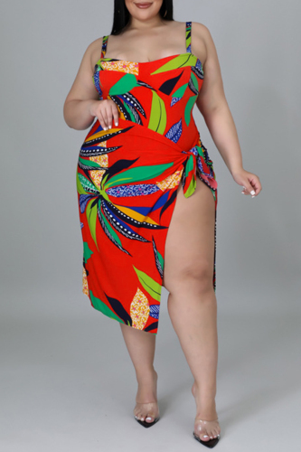 Red Fashion Sexy Print Backless Spaghetti Strap Plus Size Swimwear (Without Paddings)
