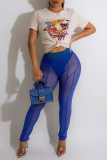 Blue Sexy Solid Mesh Skinny High Waist Pencil Solid Color Bottoms