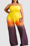 Yellow Fashion Sexy Gradual Change Print Backless Strapless Plus Size Jumpsuits