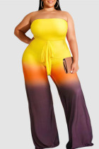 Yellow Fashion Sexy Gradual Change Print Backless Strapless Plus Size Jumpsuits