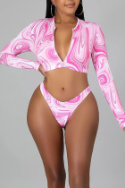Pink Sexy Print Patchwork Zipper Swimwears