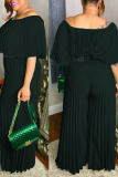 Black Casual Solid Patchwork Fold Off the Shoulder Plus Size Jumpsuits