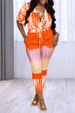 Orange Fashion Casual Print Patchwork V Neck Regular Jumpsuits