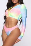 Multicolor Fashion Sexy Print Basic Long Sleeves Swimwear Set