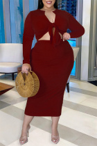 Red Sexy Casual Solid Bandage V Neck Plus Size Two Pieces